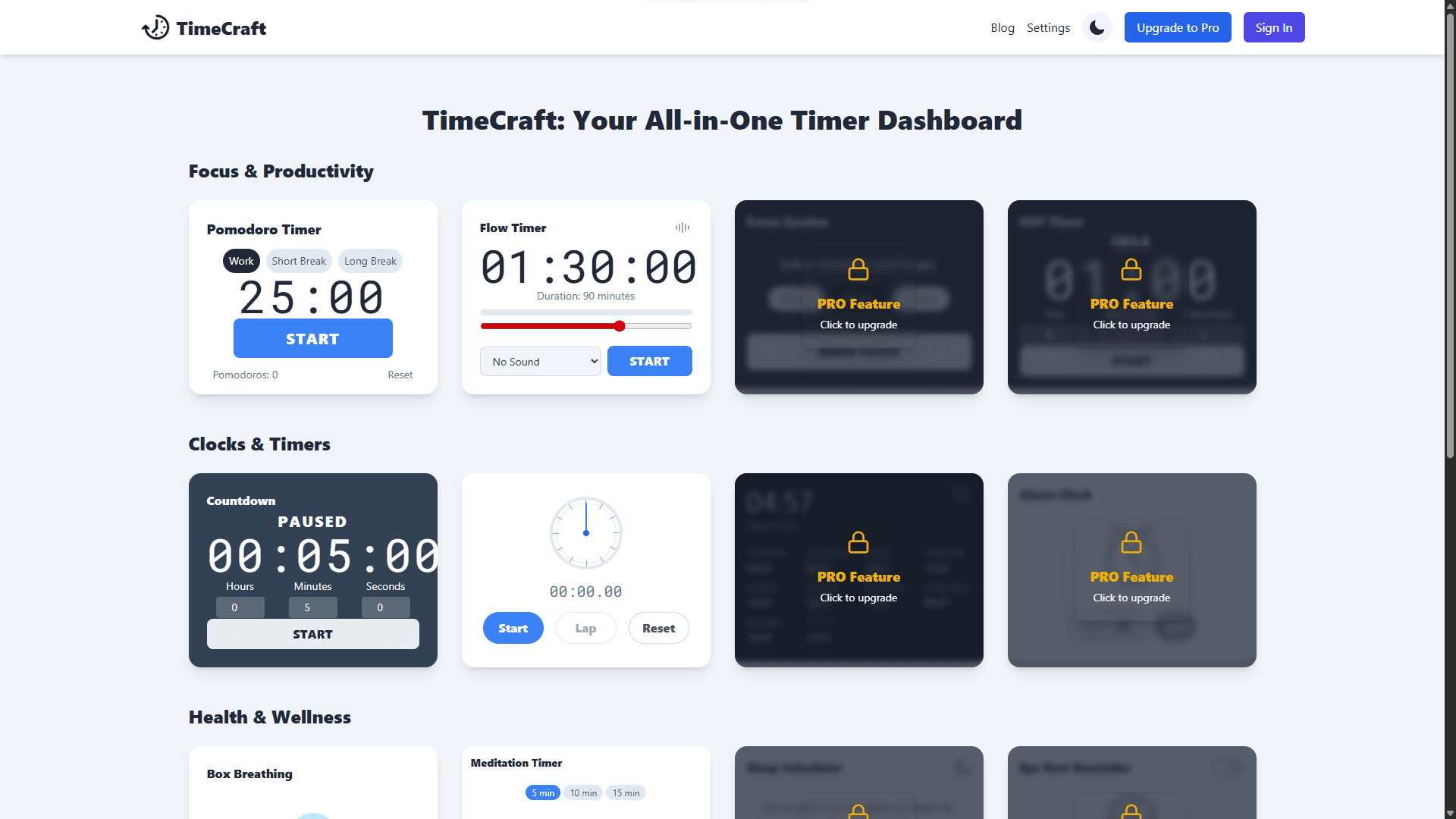 TimeCraft Dashboard Overview with various timers